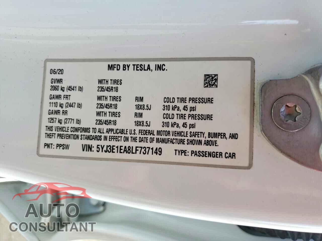 TESLA MODEL 3 2020 - 5YJ3E1EA8LF737149