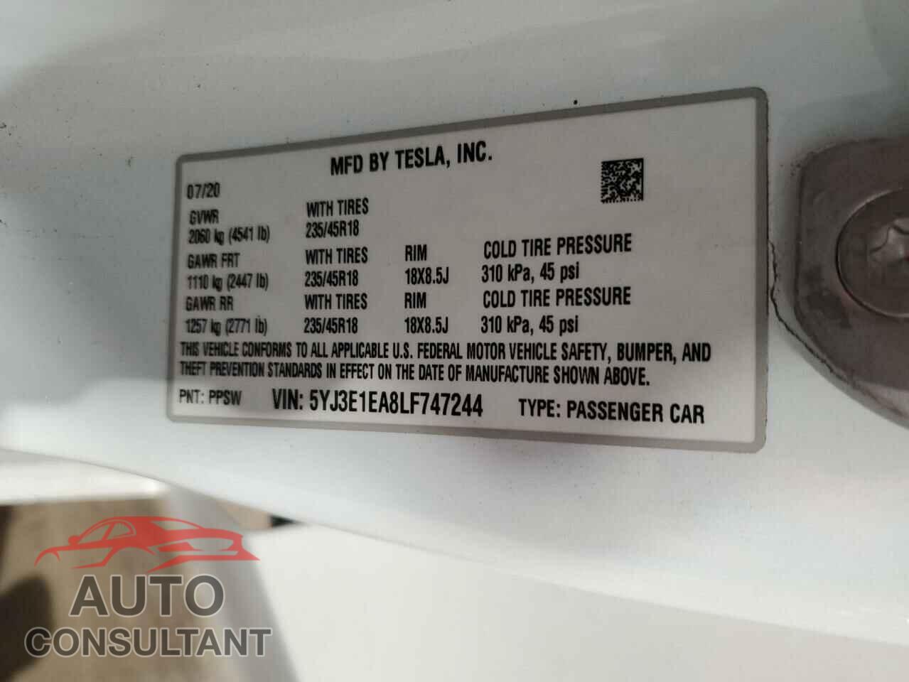 TESLA MODEL 3 2020 - 5YJ3E1EA8LF747244