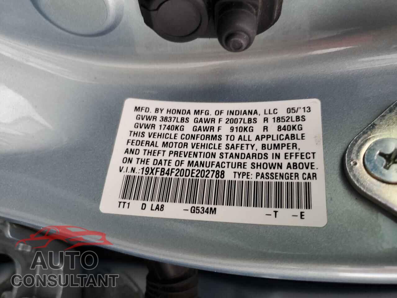 HONDA CIVIC 2013 - 19XFB4F20DE202788