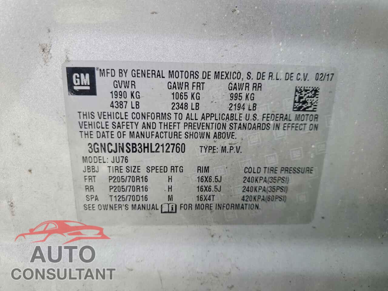 CHEVROLET TRAX 2017 - 3GNCJNSB3HL212760
