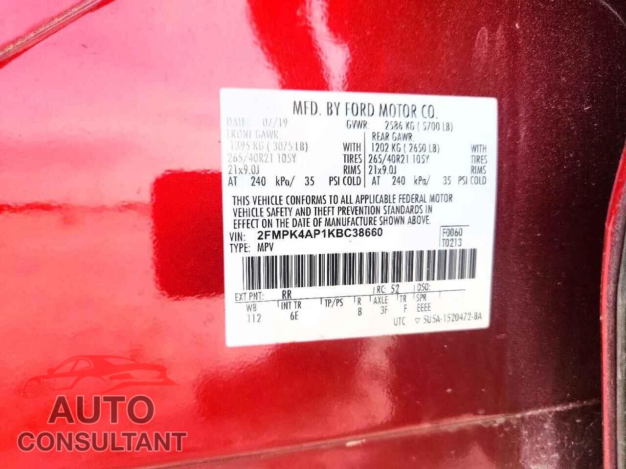 FORD EDGE 2019 - 2FMPK4AP1KBC38660
