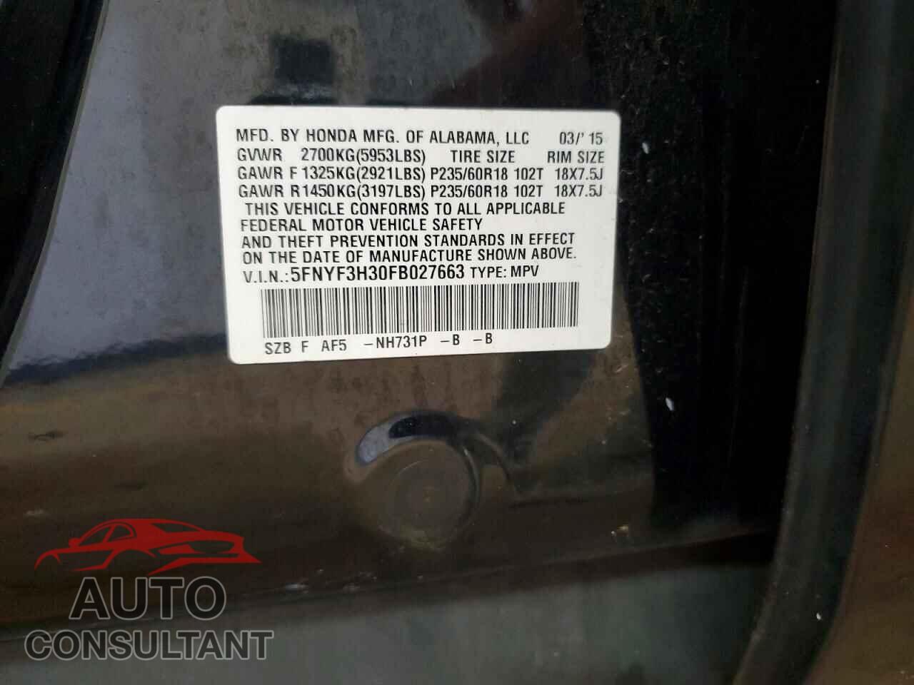 HONDA PILOT 2015 - 5FNYF3H30FB027663
