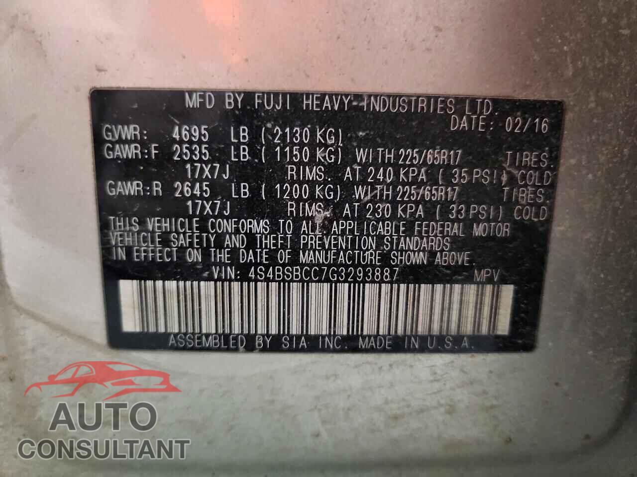 SUBARU OUTBACK 2016 - 4S4BSBCC7G3293887