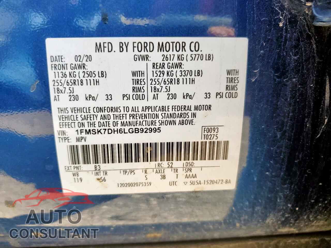 FORD EXPLORER 2020 - 1FMSK7DH6LGB92995
