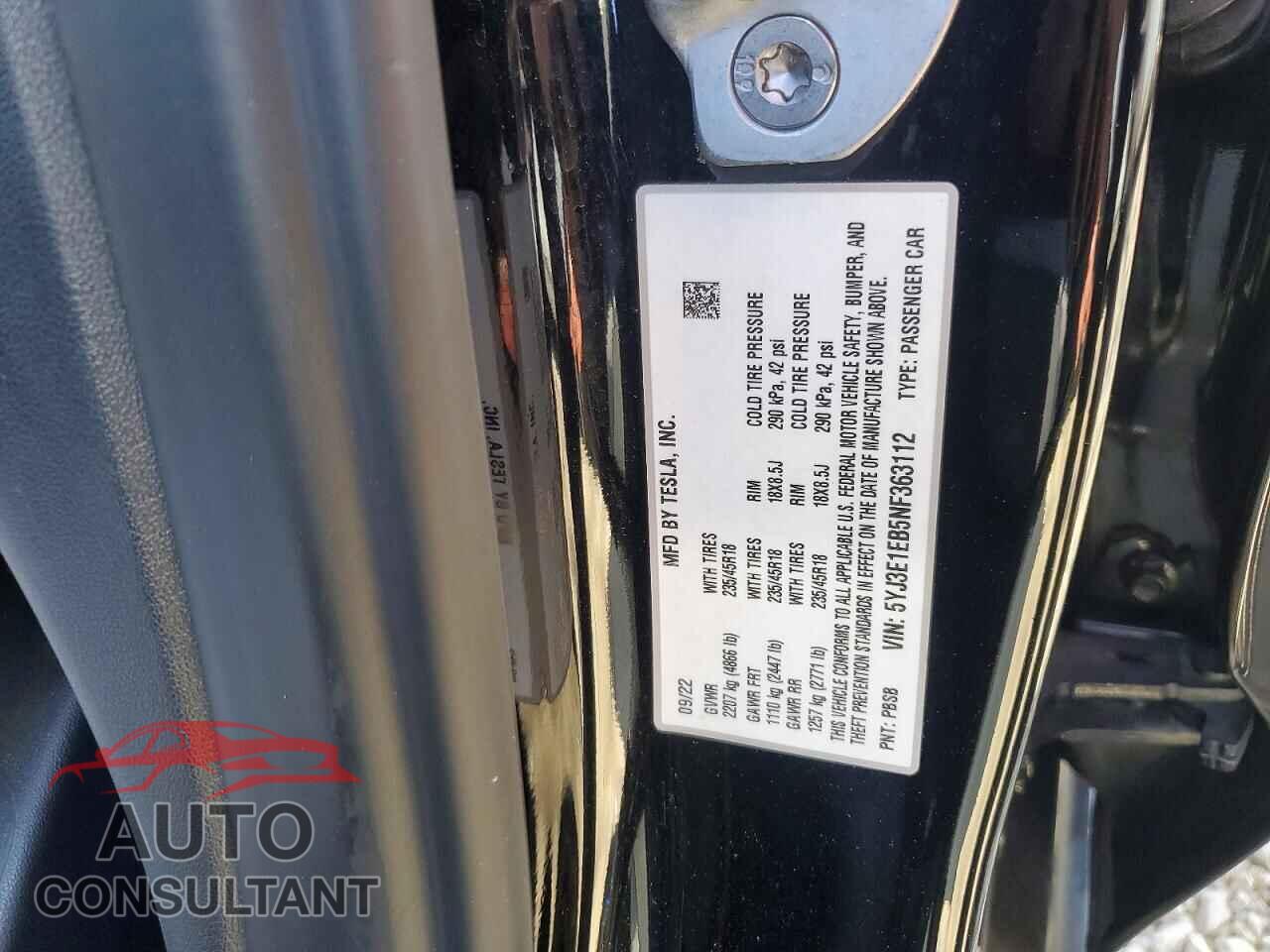 TESLA MODEL 3 2022 - 5YJ3E1EB5NF363112