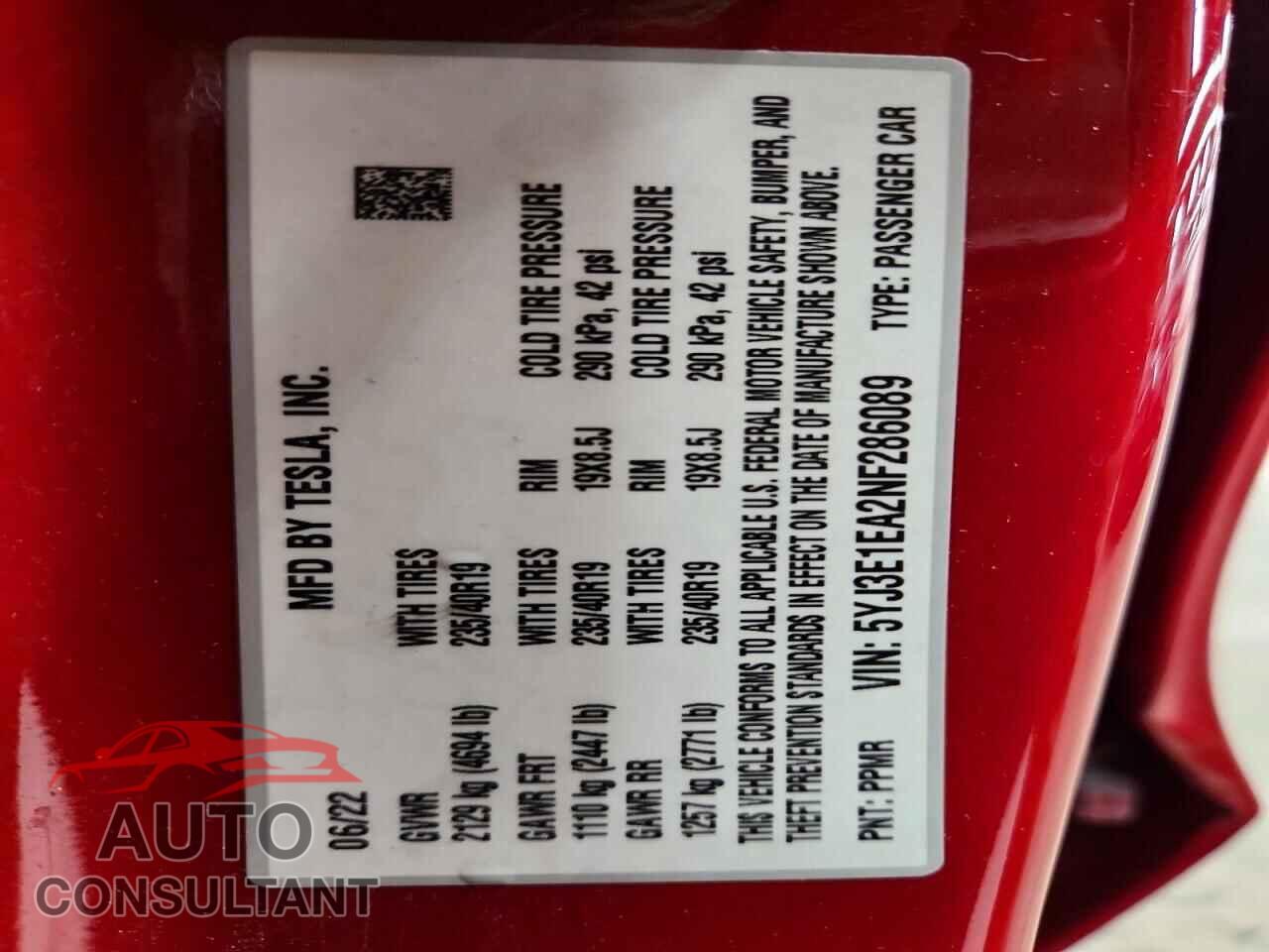 TESLA MODEL 3 2022 - 5YJ3E1EA2NF286089