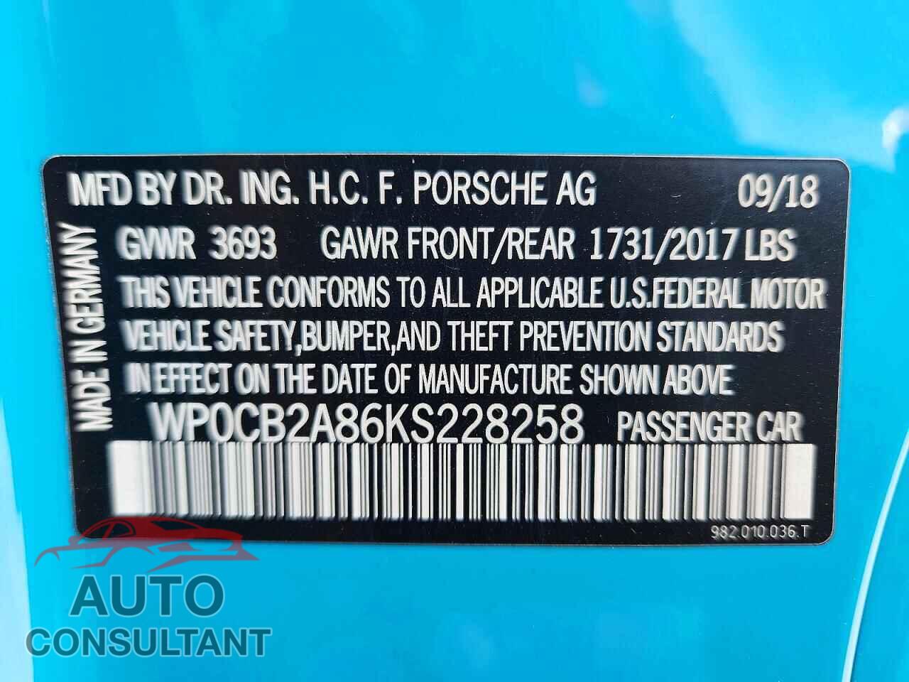 PORSCHE BOXSTER 2019 - WP0CB2A86KS228258