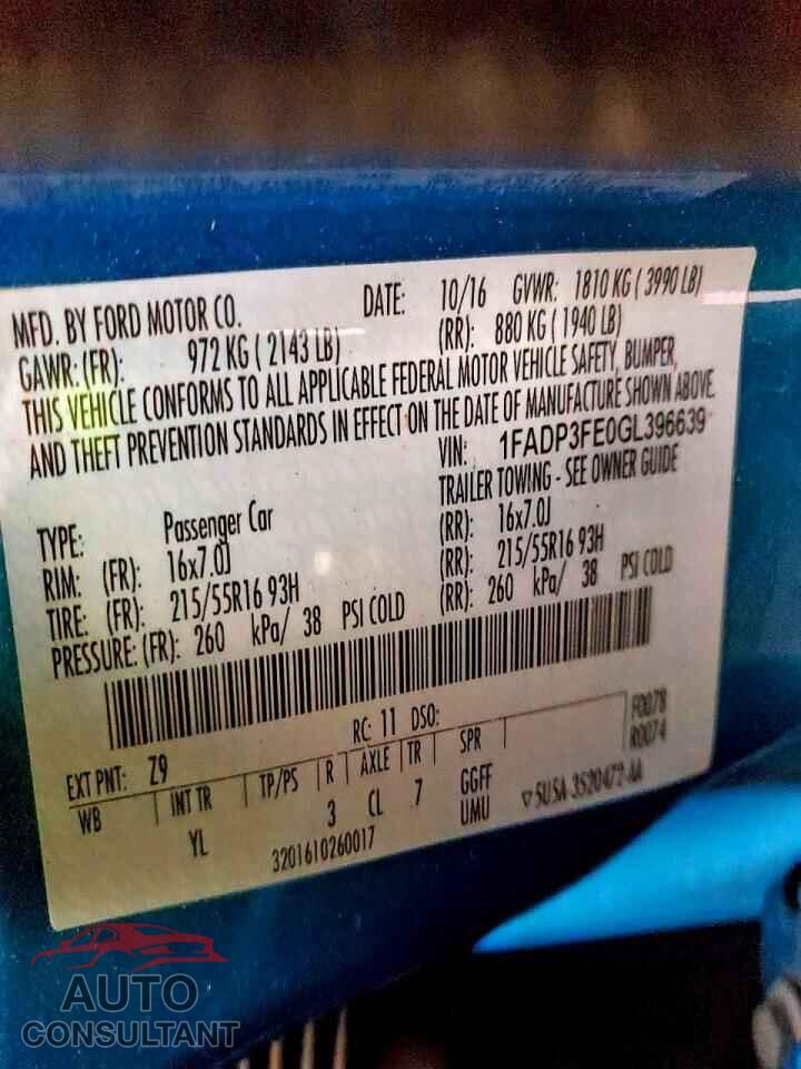 FORD FOCUS 2016 - 1FADP3FE0GL396639