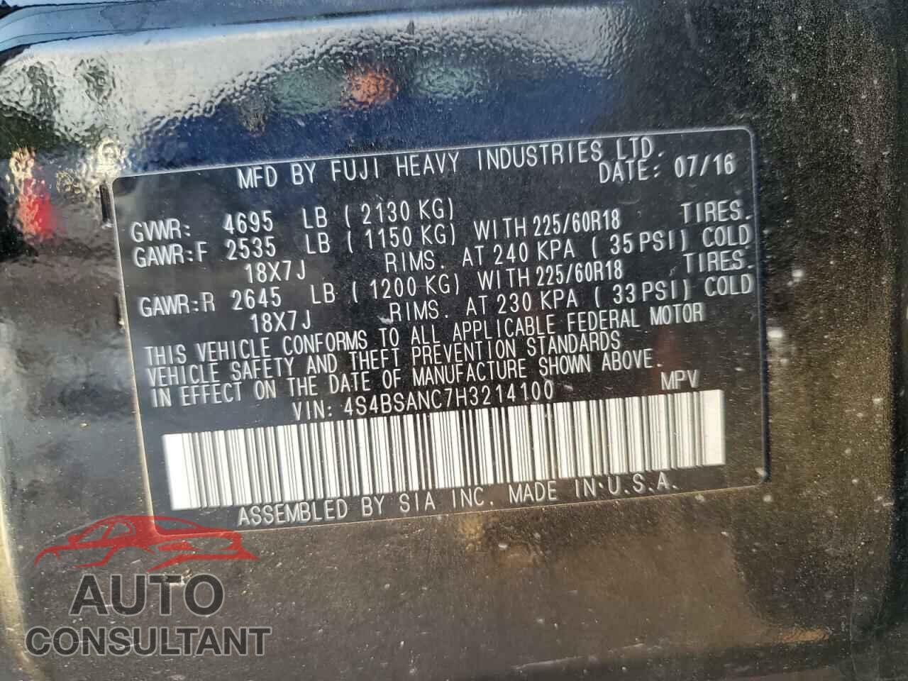SUBARU OUTBACK 2017 - 4S4BSANC7H3214100