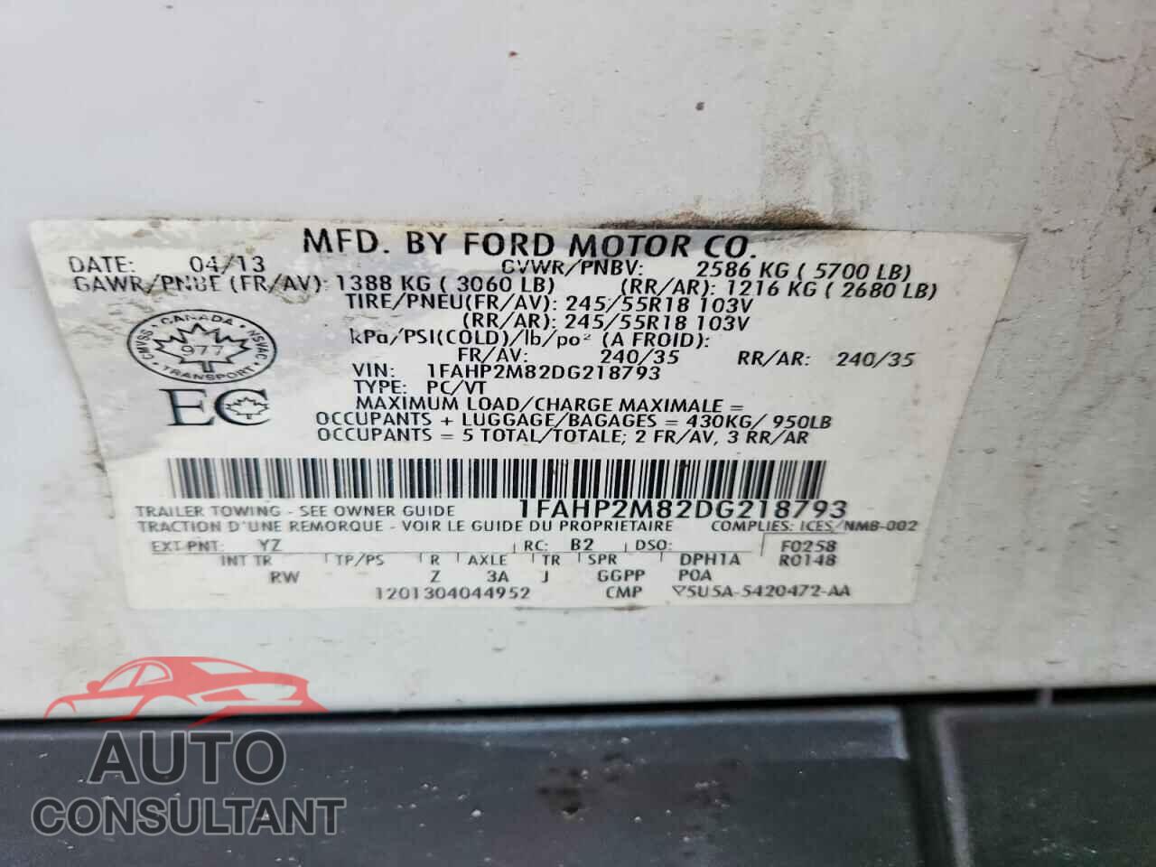 FORD TAURUS 2013 - 1FAHP2M82DG218793