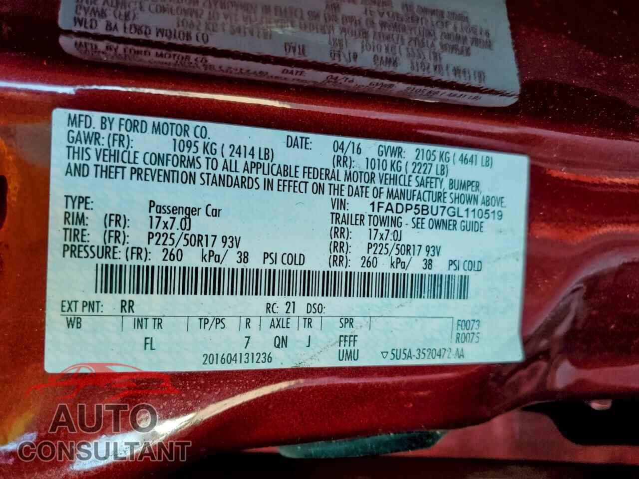 FORD CMAX 2016 - 1FADP5BU7GL110519