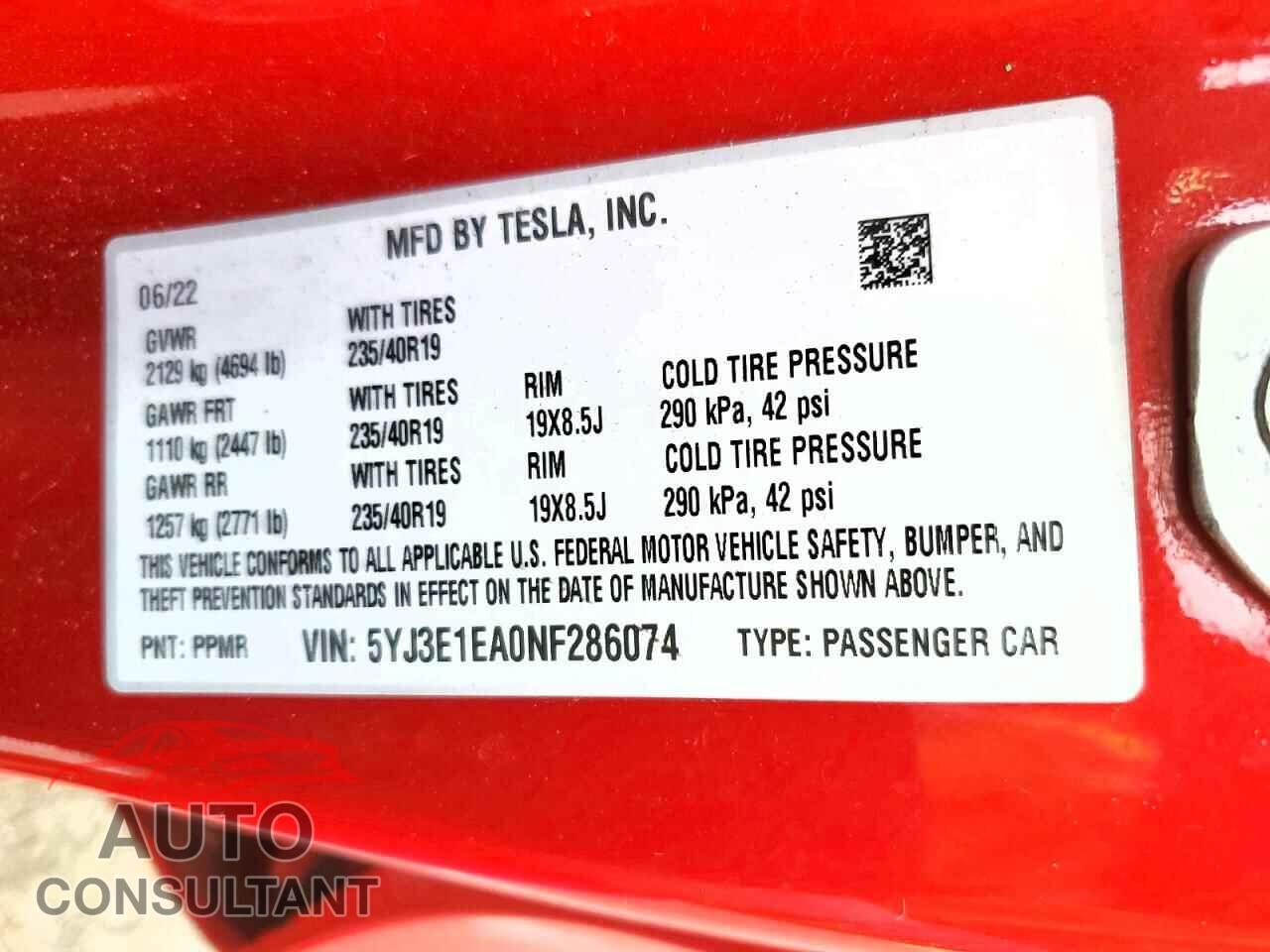 TESLA MODEL 3 2022 - 5YJ3E1EA0NF286074