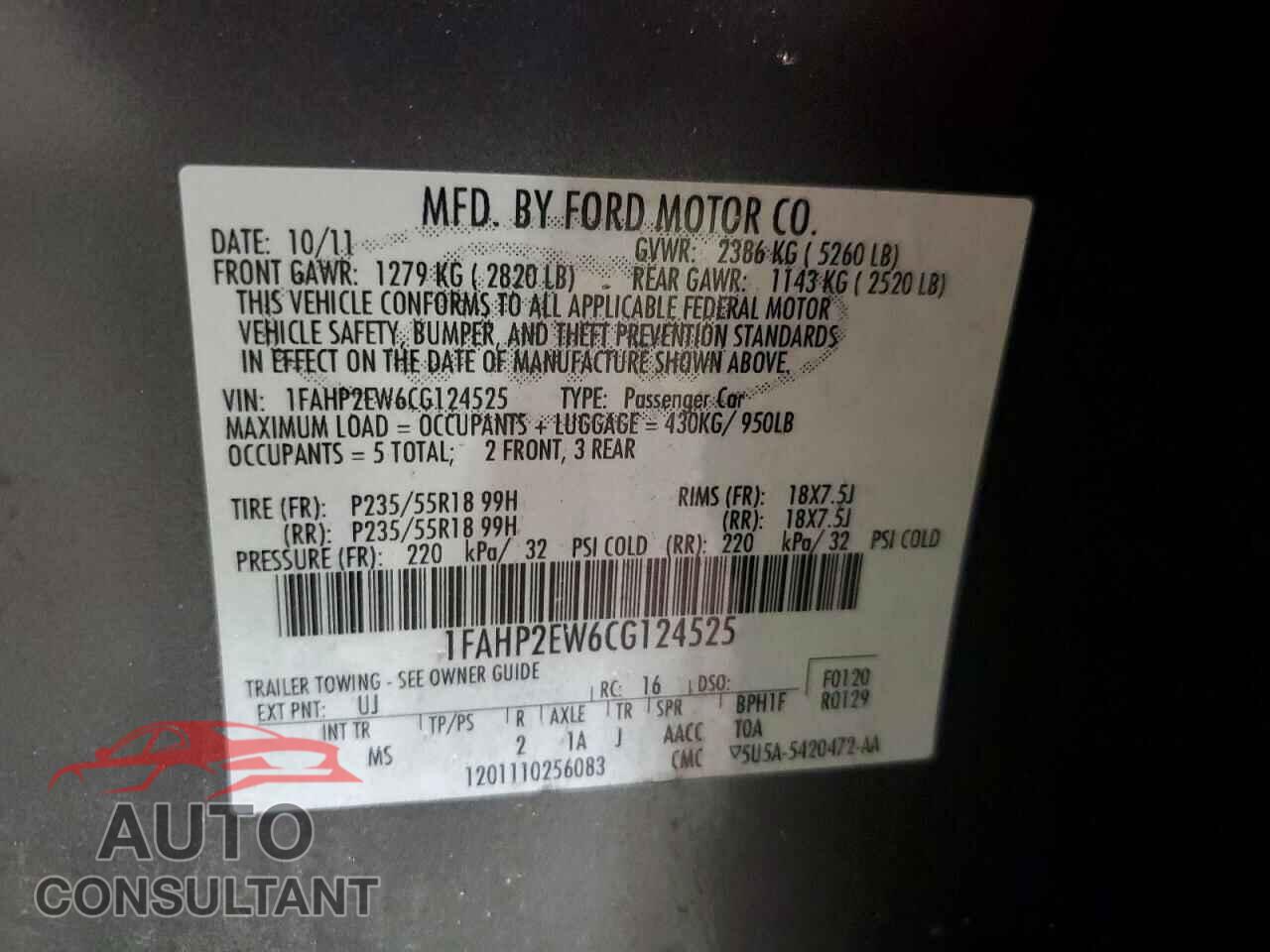FORD TAURUS 2012 - 1FAHP2EW6CG124525