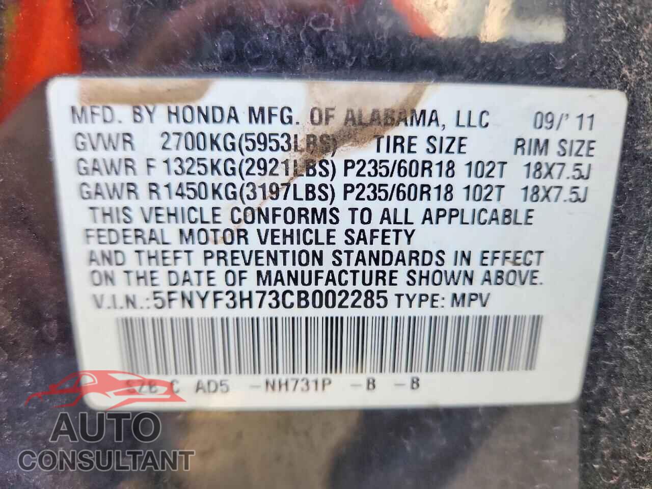 HONDA PILOT 2012 - 5FNYF3H73CB002285
