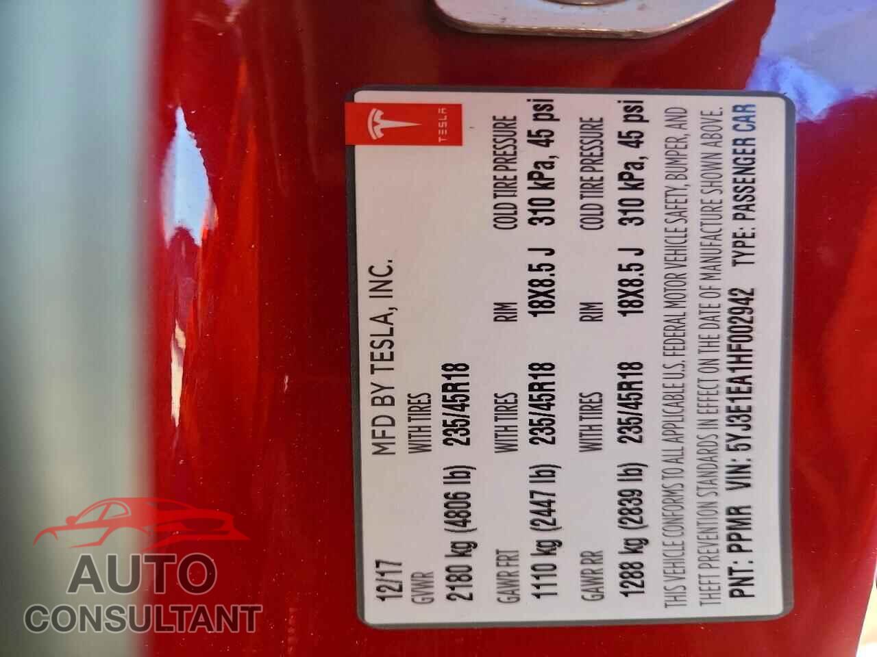 TESLA MODEL 3 2017 - 5YJ3E1EA1HF002942