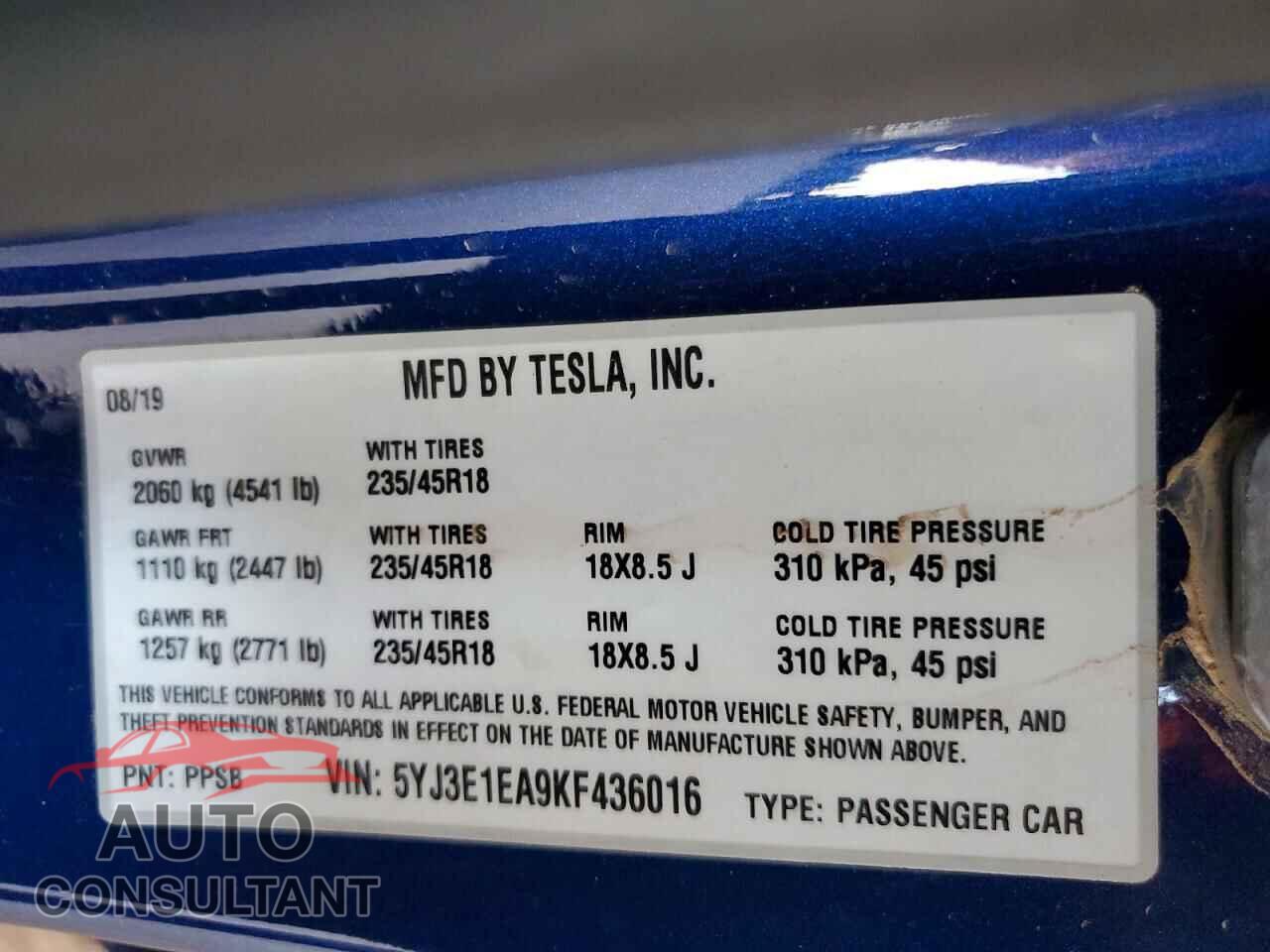 TESLA MODEL 3 2019 - 5YJ3E1EA9KF436016