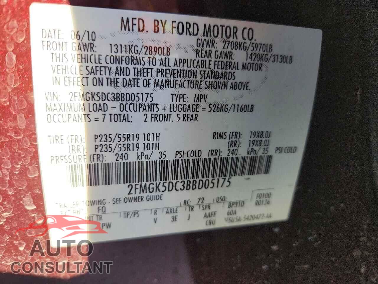 FORD FLEX 2011 - 2FMGK5DC3BBD05175