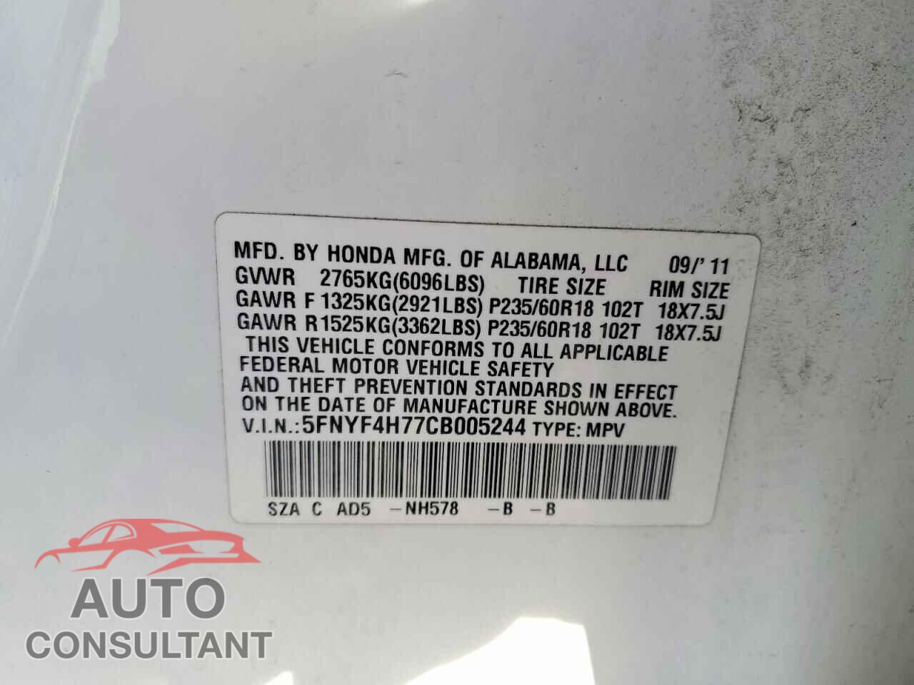 HONDA PILOT 2012 - 5FNYF4H77CB005244