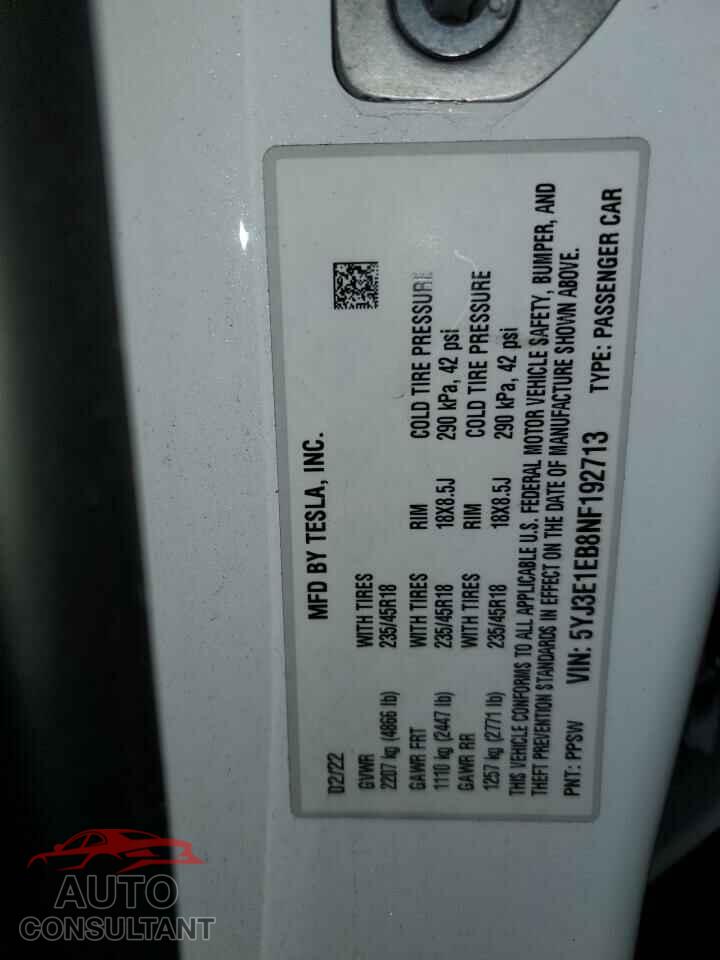 TESLA MODEL 3 2022 - 5YJ3E1EB8NF192713