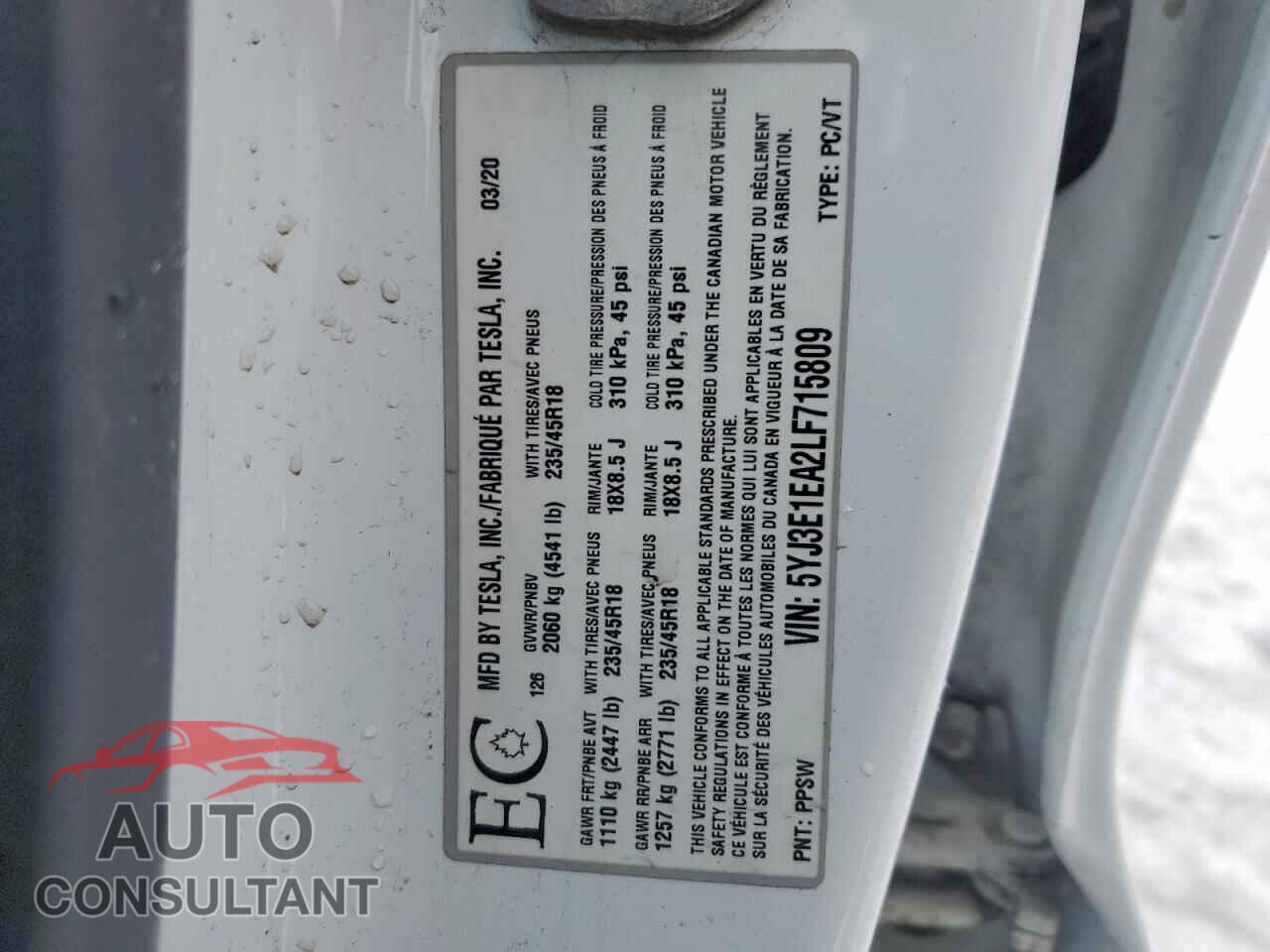 TESLA MODEL 3 2020 - 5YJ3E1EA2LF715809
