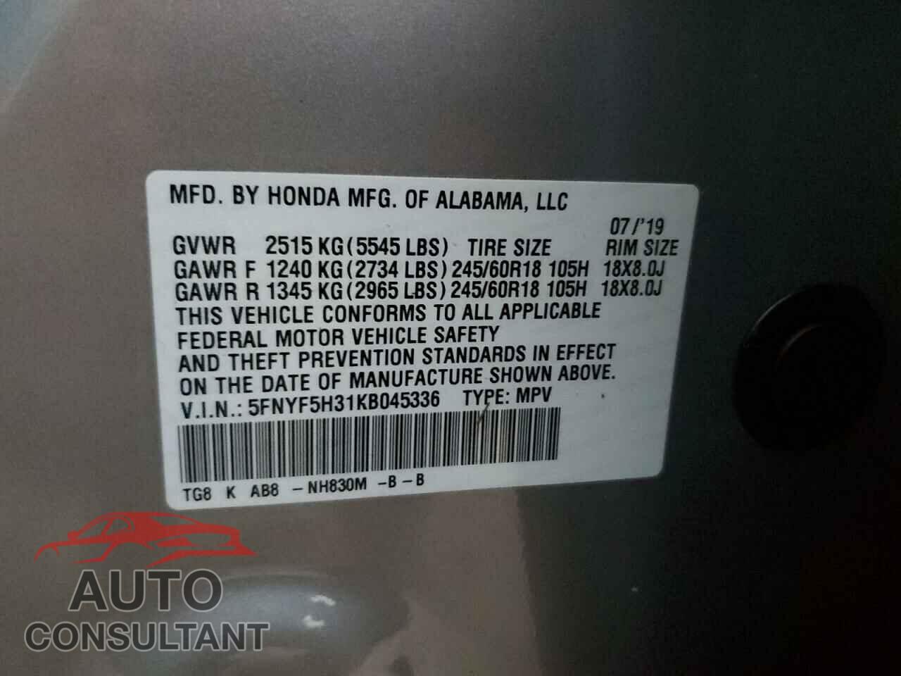 HONDA PILOT 2019 - 5FNYF5H31KB045336