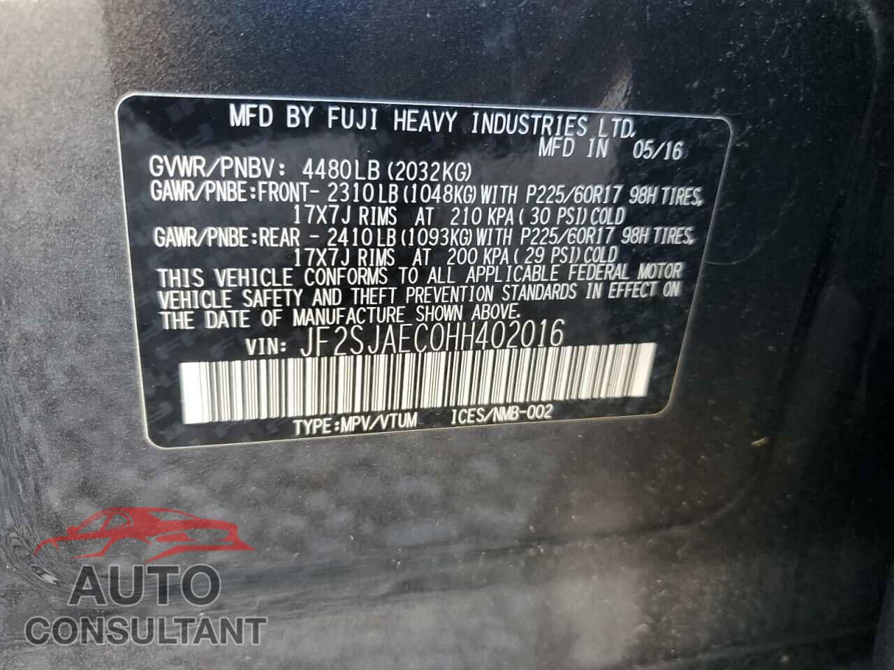 SUBARU FORESTER 2017 - JF2SJAEC0HH402016