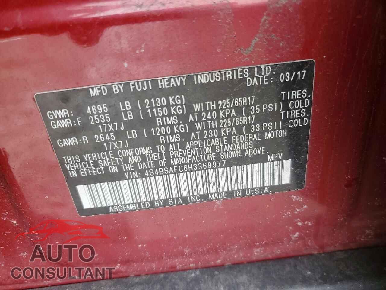 SUBARU OUTBACK 2017 - 4S4BSAFC6H3369977
