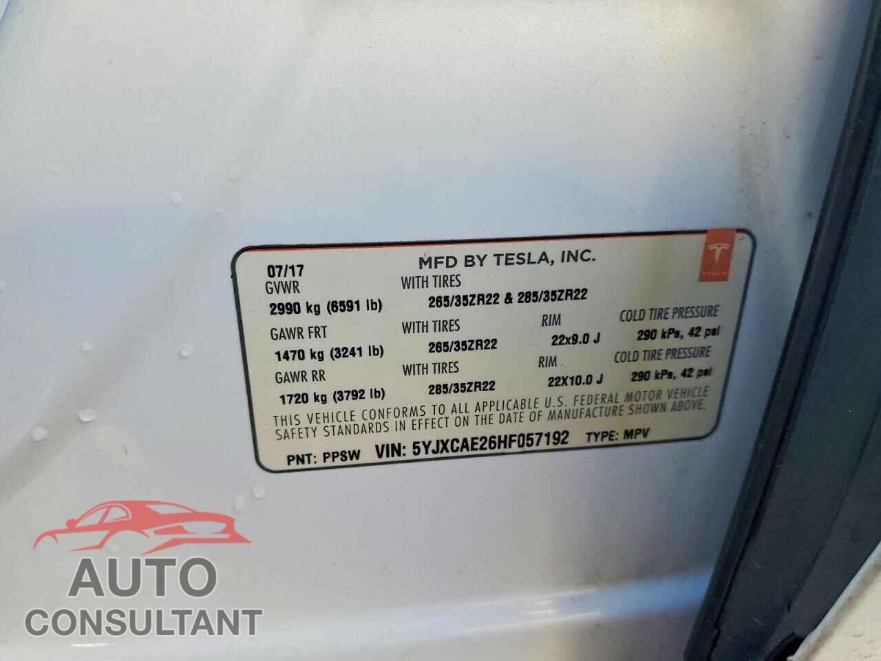 TESLA MODEL X 2017 - 5YJXCAE26HF057192