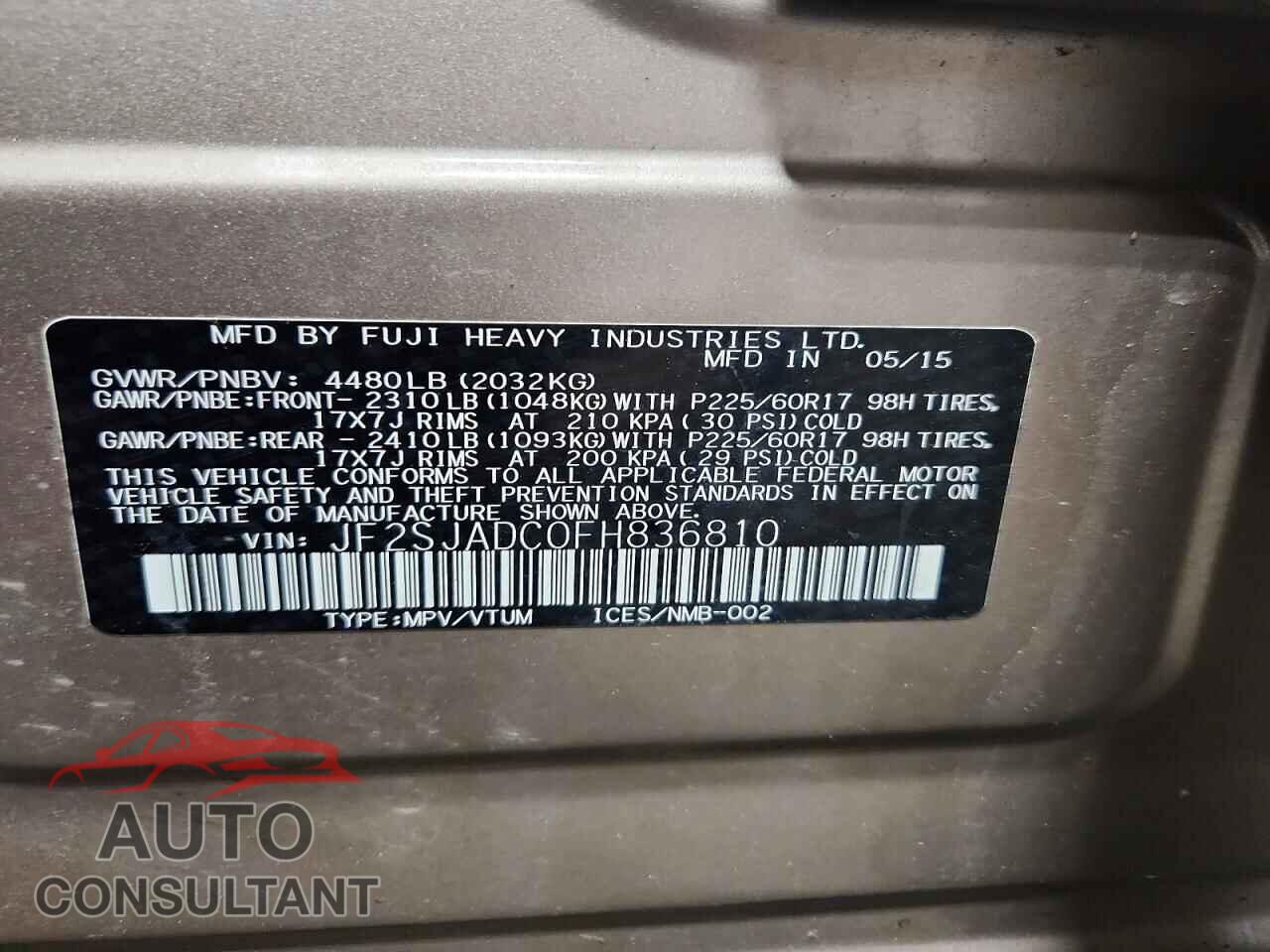 SUBARU FORESTER 2015 - JF2SJADC0FH836810
