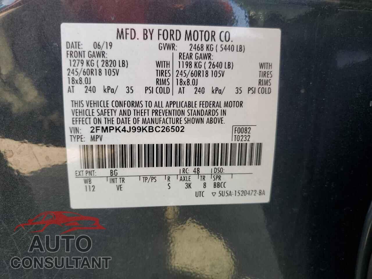 FORD EDGE 2019 - 2FMPK4J99KBC26502