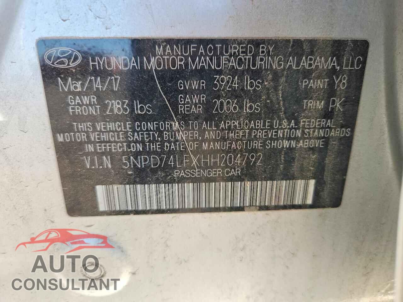 HYUNDAI ELANTRA 2017 - 5NPD74LFXHH204792