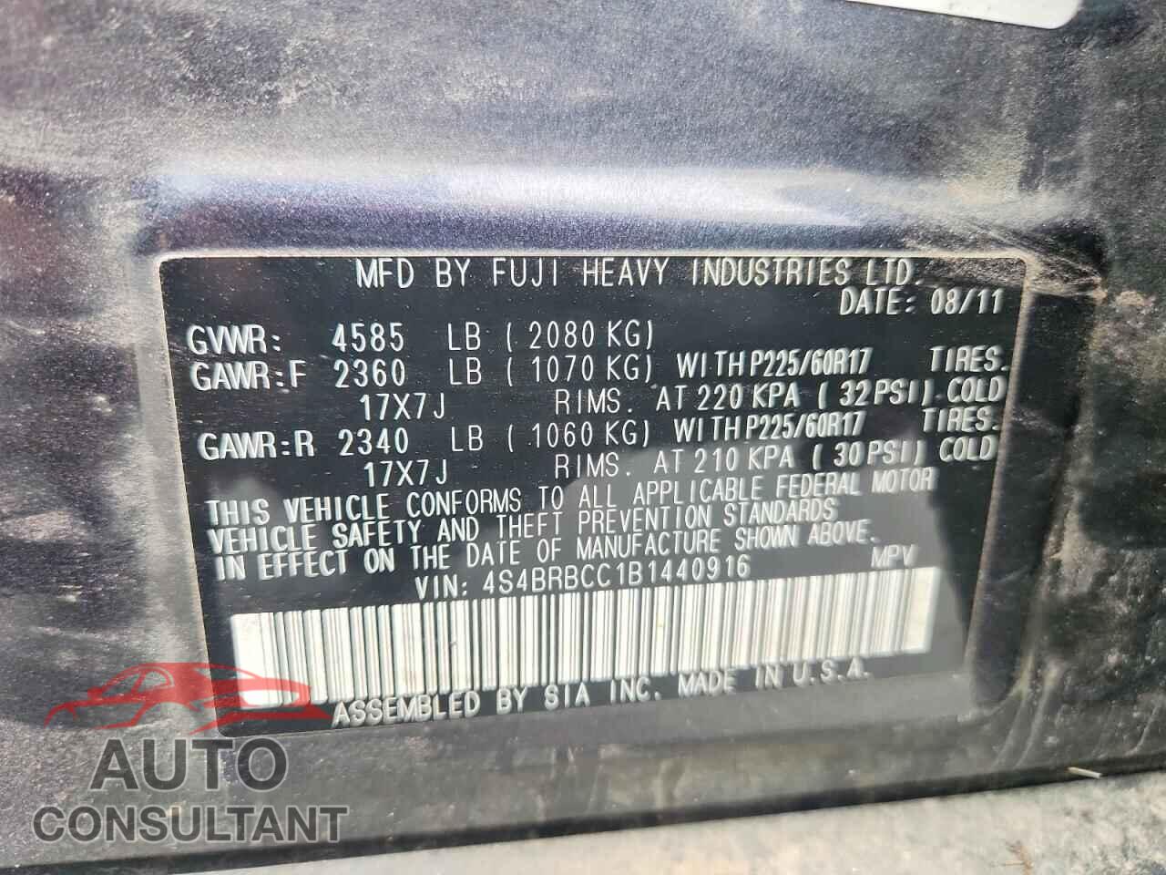 SUBARU OUTBACK 2011 - 4S4BRBCC1B1440916