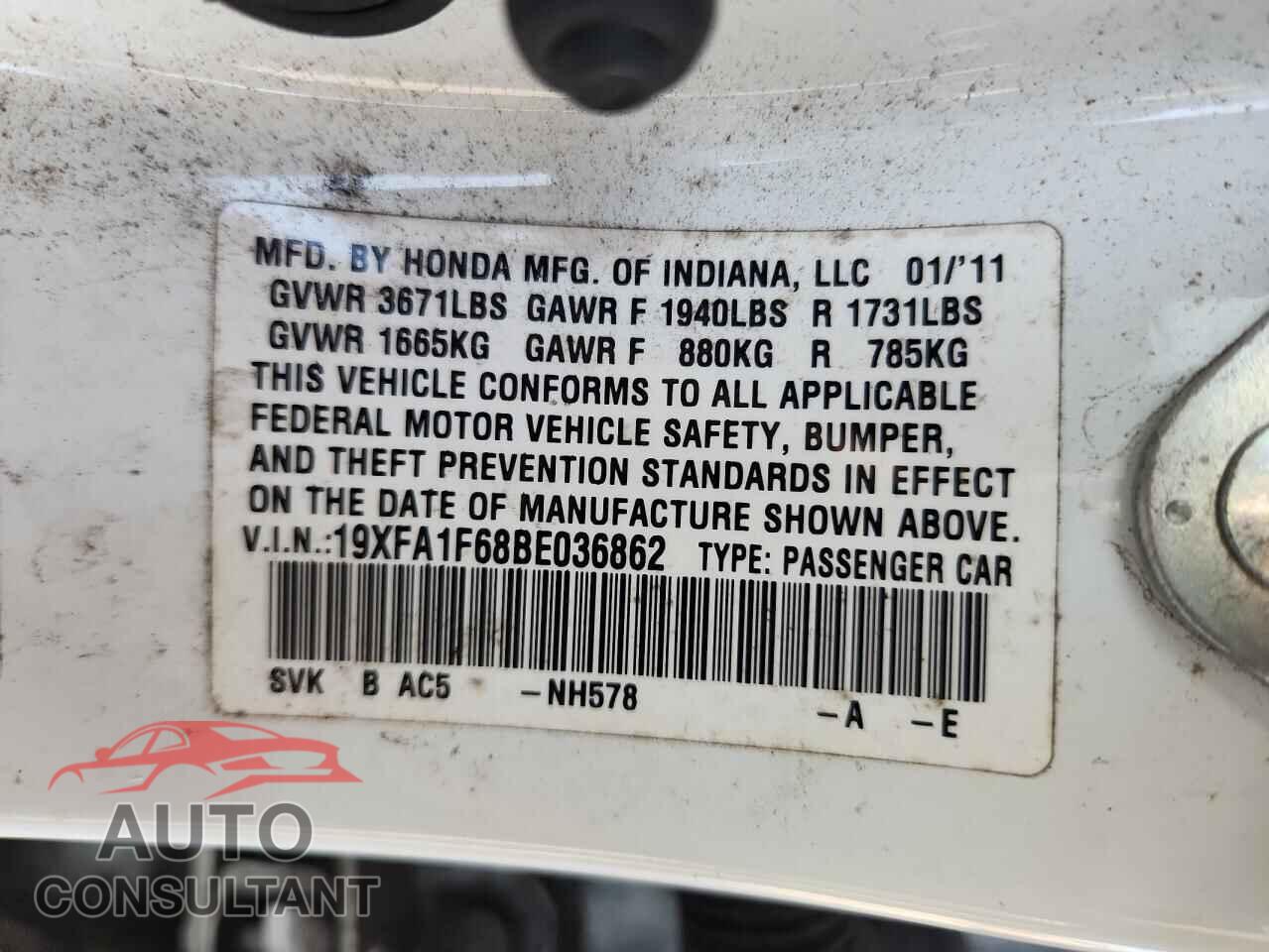 HONDA CIVIC 2011 - 19XFA1F68BE036862