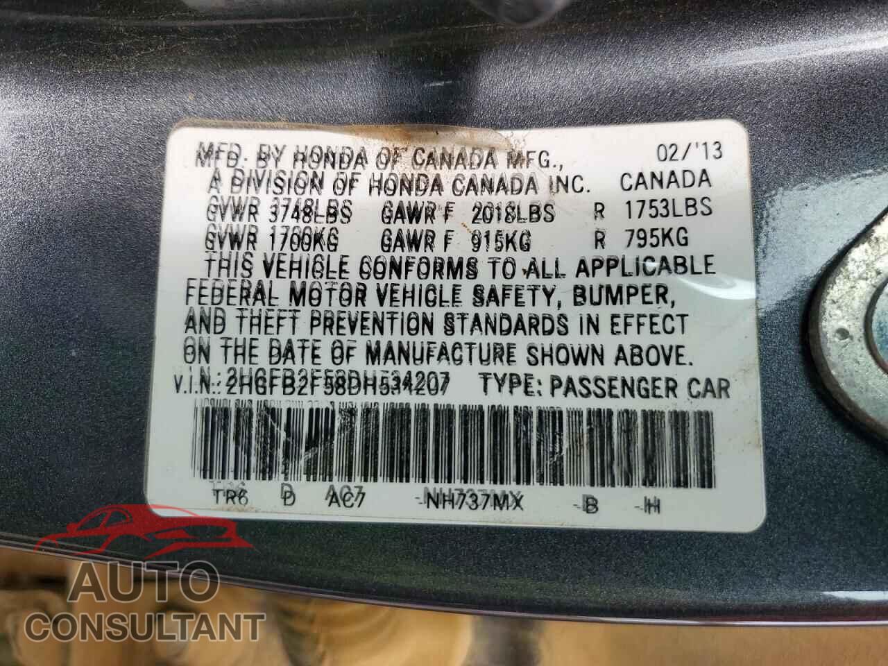HONDA CIVIC 2013 - 2HGFB2F58DH534207