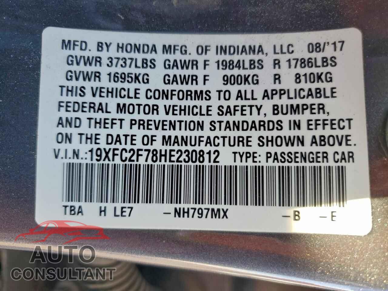 HONDA CIVIC 2017 - 19XFC2F78HE230812