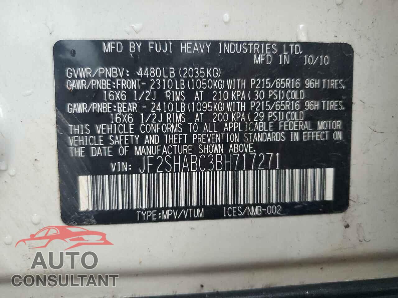 SUBARU FORESTER 2011 - JF2SHABC3BH717271
