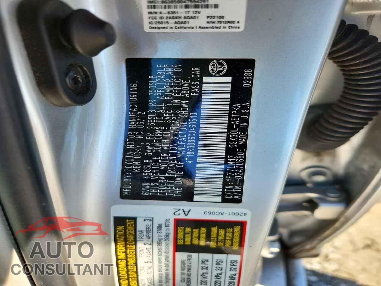 TOYOTA AVALON 2012 - 4T1BK3DB6CU463513