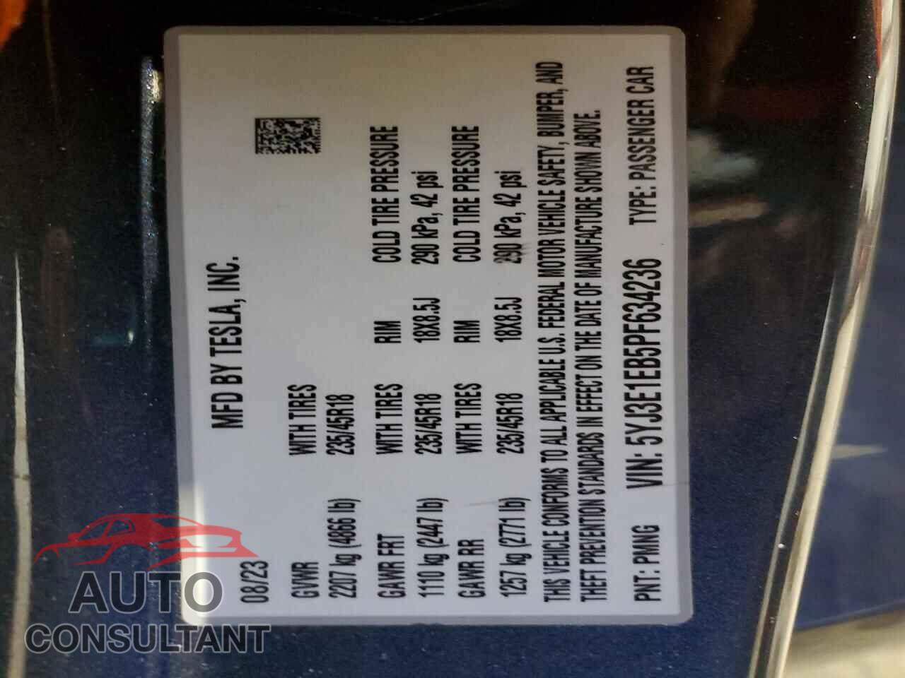 TESLA MODEL 3 2023 - 5YJ3E1EB5PF634236