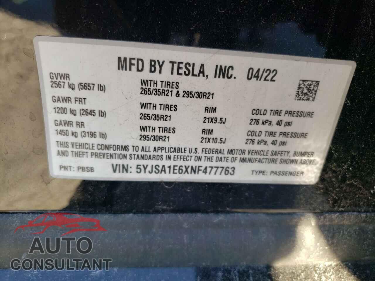 TESLA MODEL S 2022 - 5YJSA1E6XNF477763