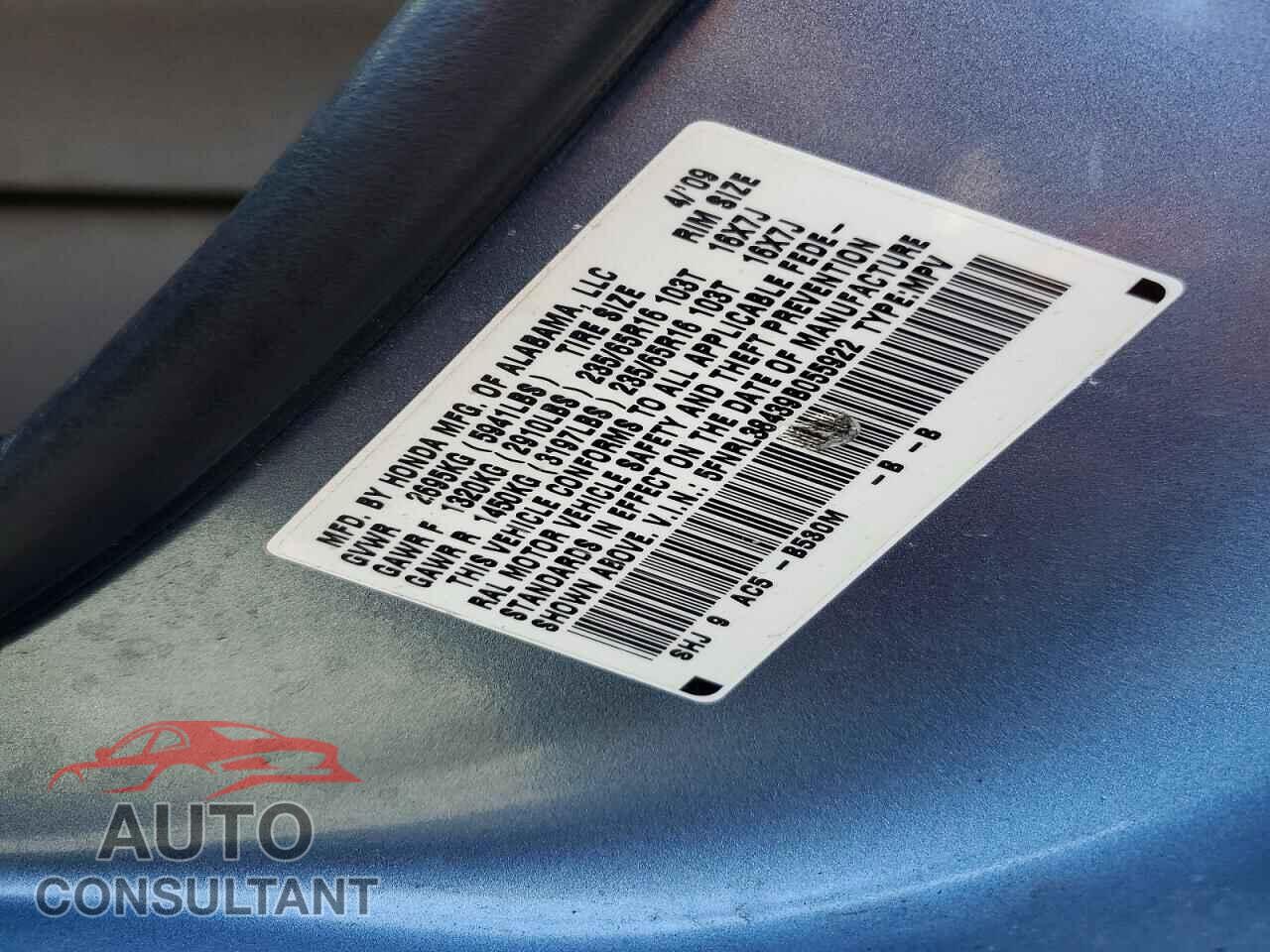 HONDA ODYSSEY 2009 - 5FNRL38439B055922