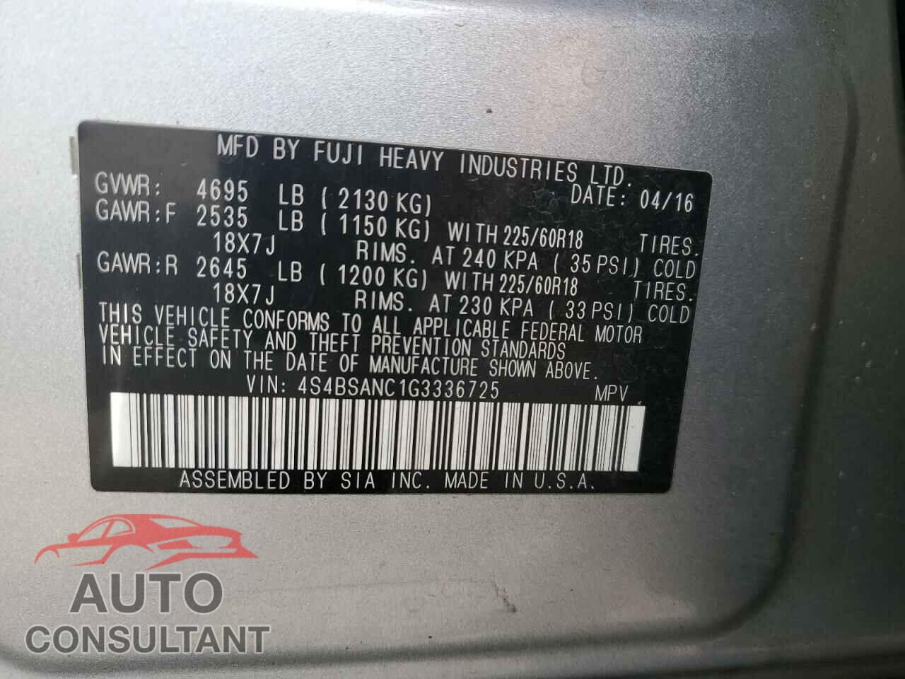 SUBARU OUTBACK 2016 - 4S4BSANC1G3336725