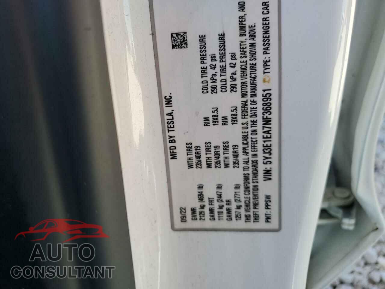 TESLA MODEL 3 2022 - 5YJ3E1EA7NF368951