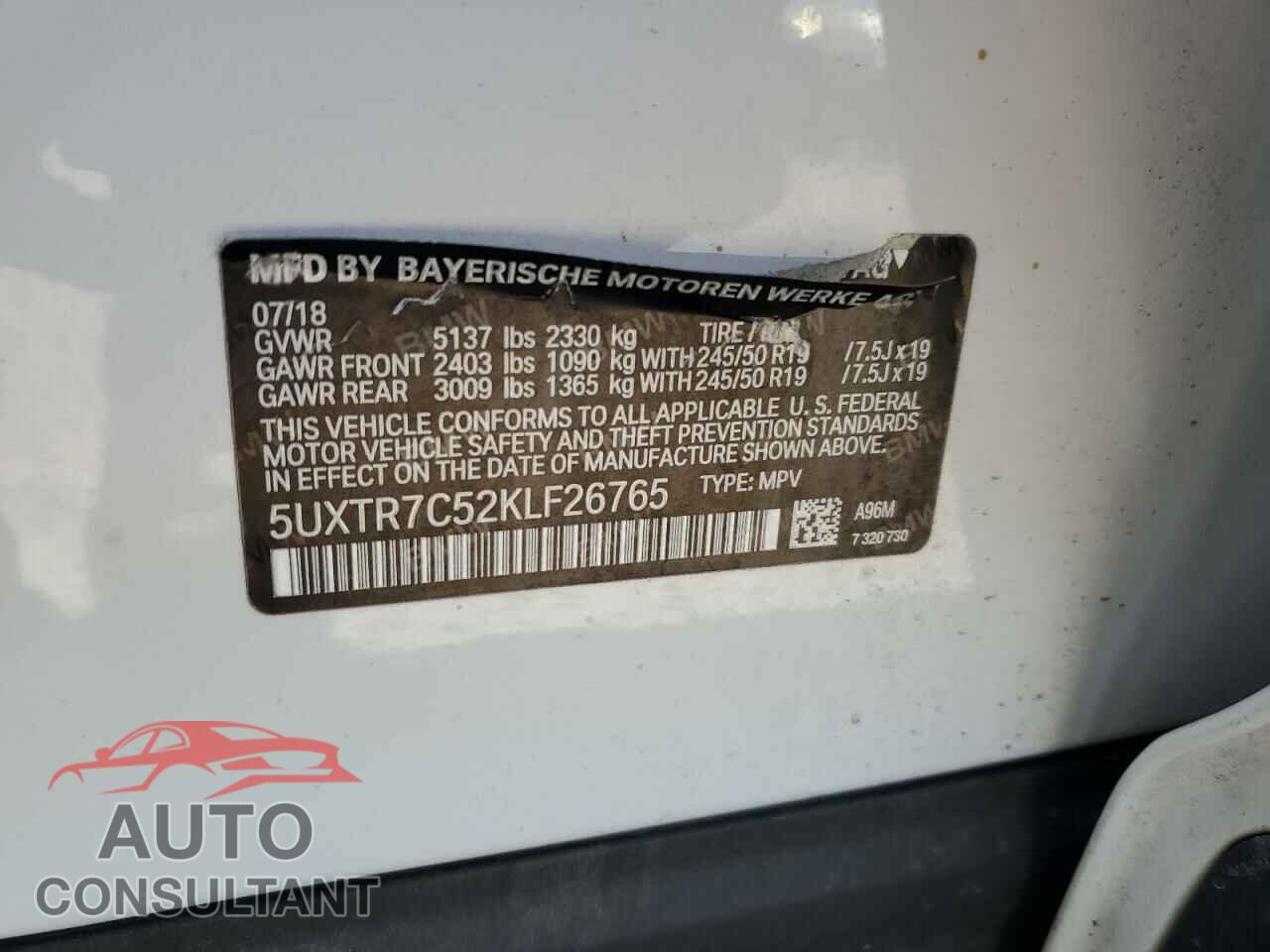 BMW X3 2019 - 5UXTR7C52KLF26765