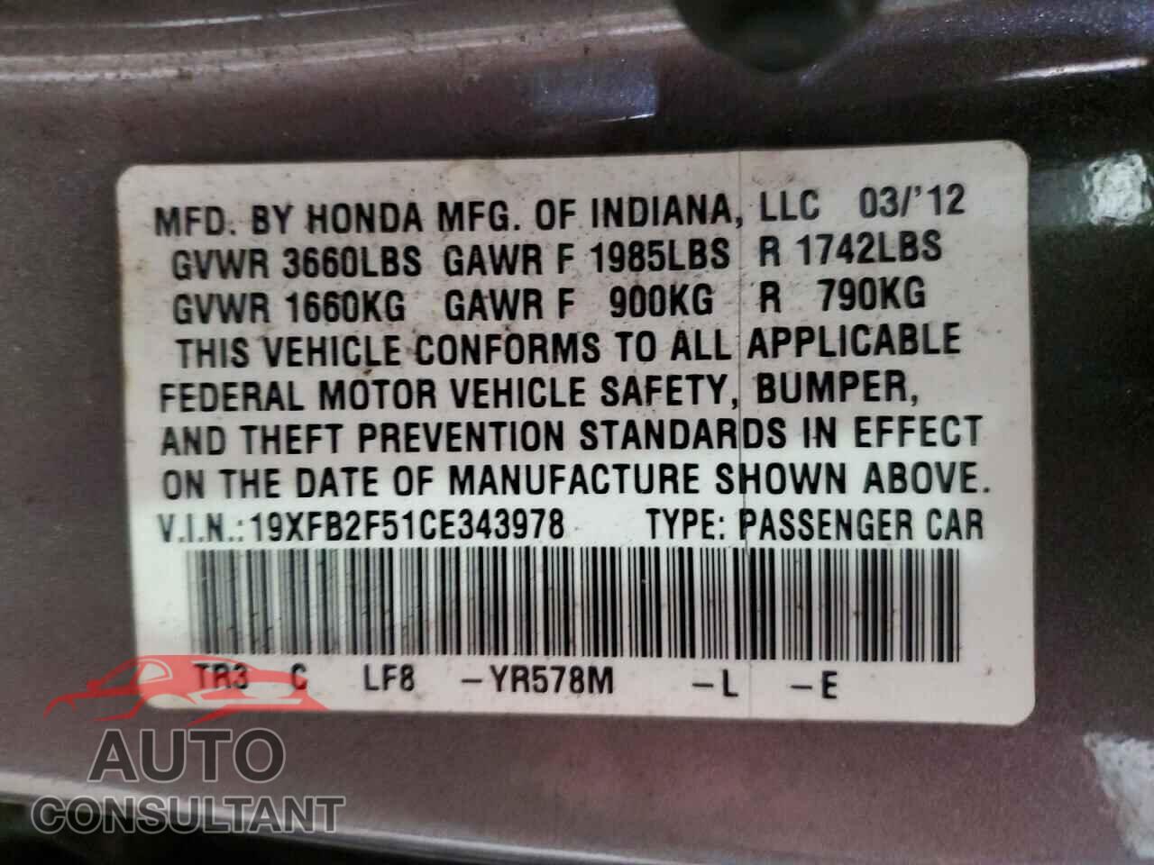 HONDA CIVIC 2012 - 19XFB2F51CE343978