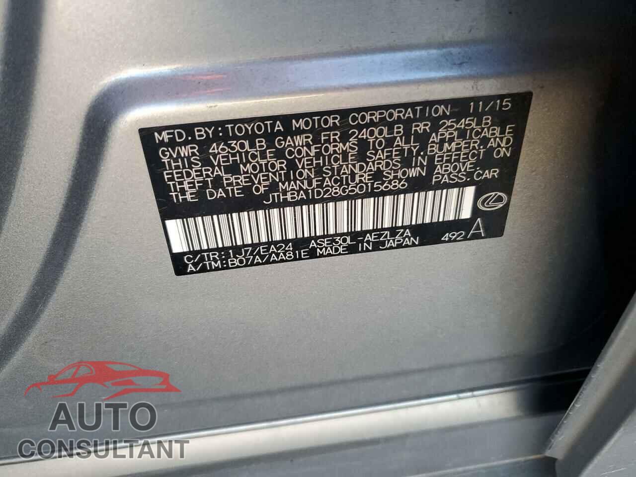 LEXUS IS 2016 - JTHBA1D28G5015686