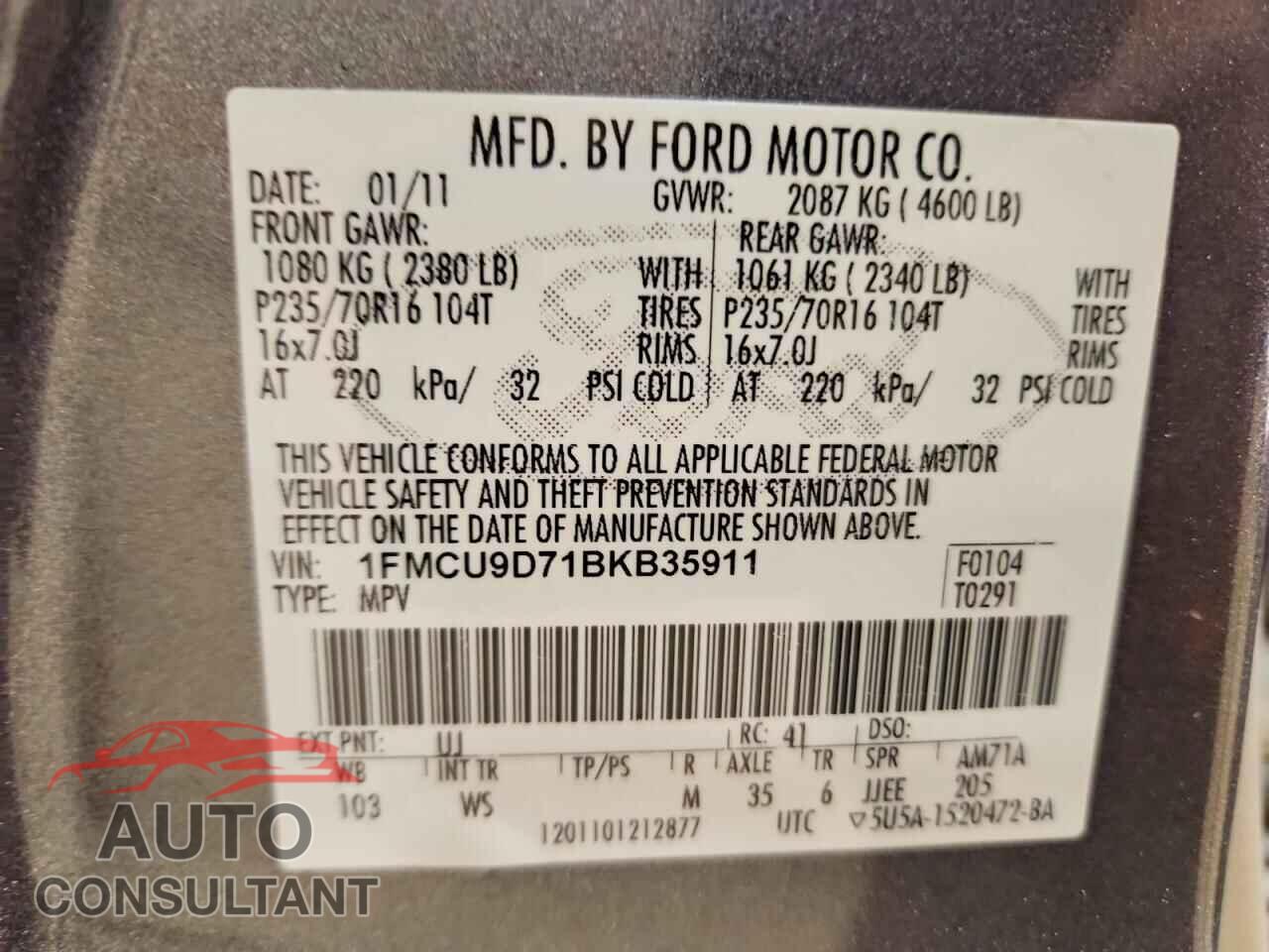 FORD ESCAPE 2011 - 1FMCU9D71BKB35911