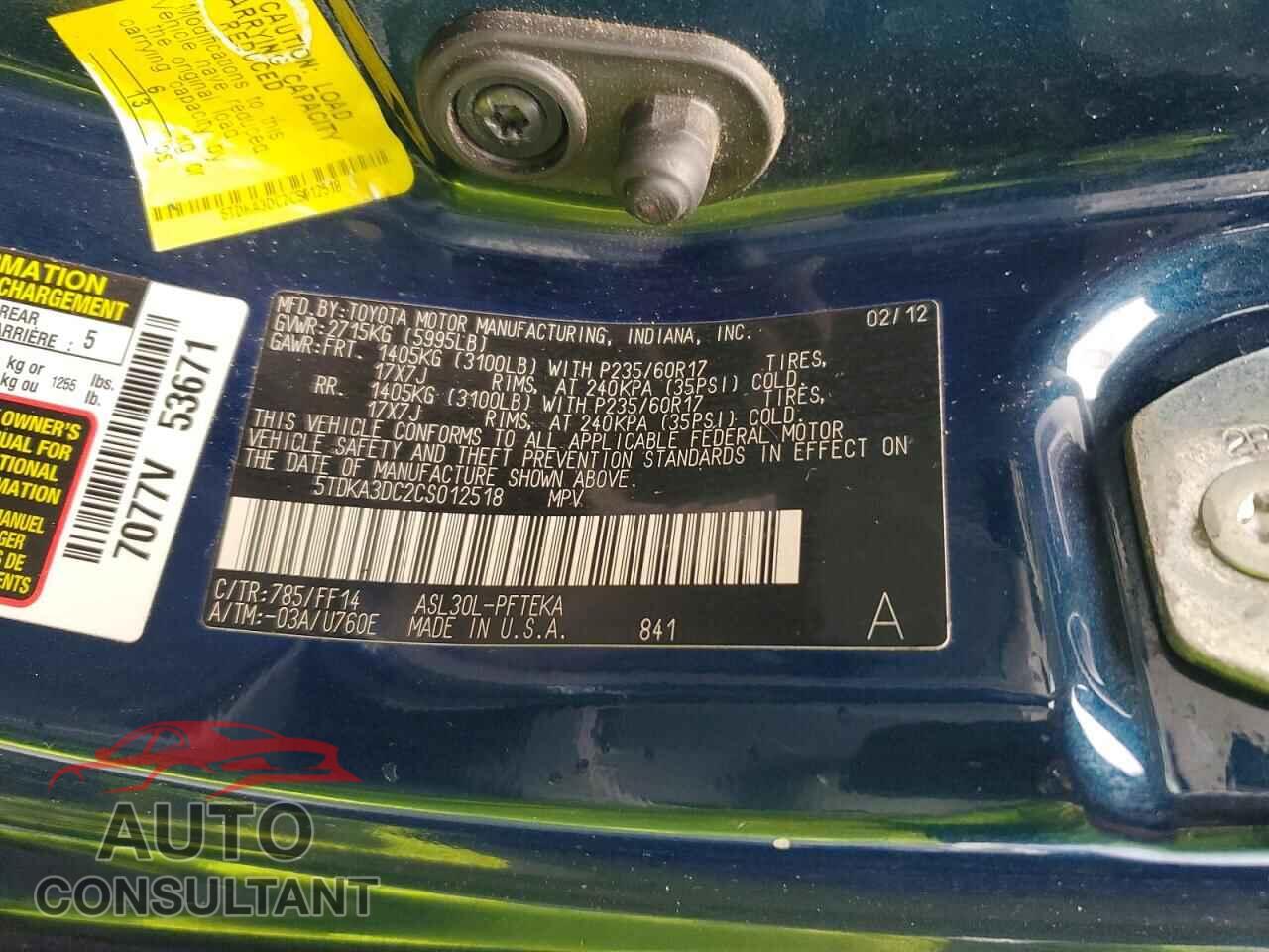TOYOTA SIENNA 2012 - 5TDKA3DC2CS012518