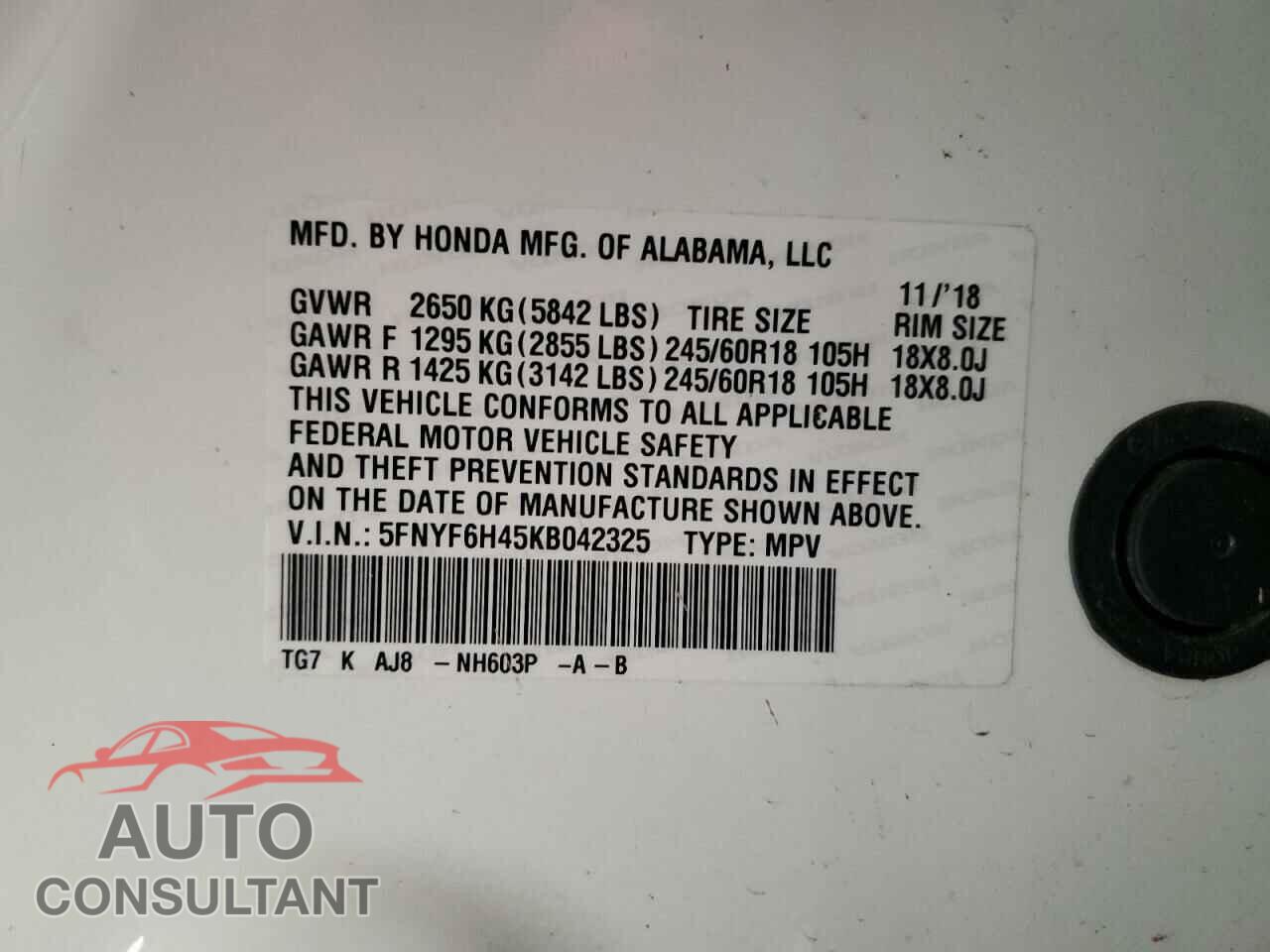 HONDA PILOT 2019 - 5FNYF6H45KB042325