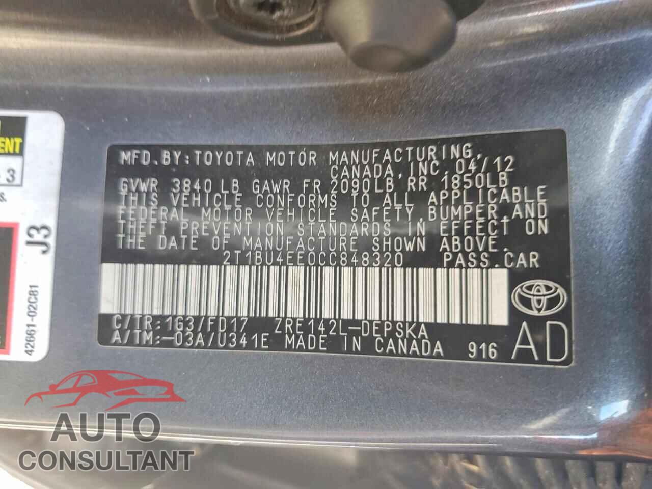 TOYOTA COROLLA 2012 - 2T1BU4EE0CC848320