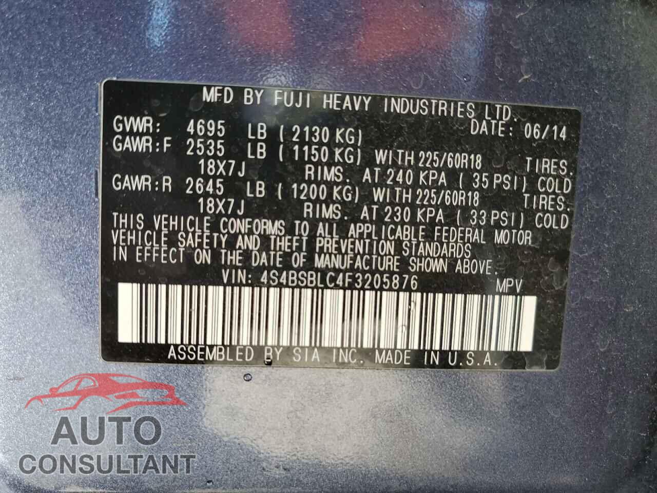 SUBARU OUTBACK 2015 - 4S4BSBLC4F3205876